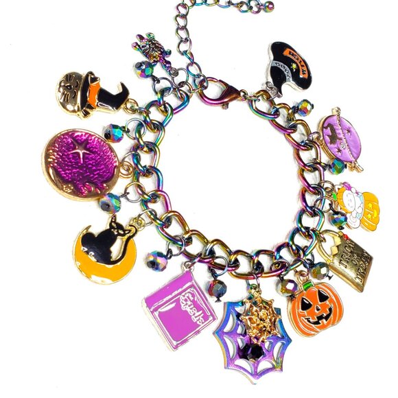 Halloween Charm Bracelet, Pumpkins, Ghost, Spider Webs, Cat - Picture 6 of 10
